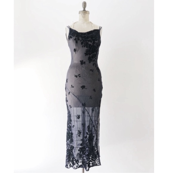 Vintage 90’s Y2K Silk Slip Dress Velvet Silk Dress Maxi Backless Dress Floral - Picture 7 of 8